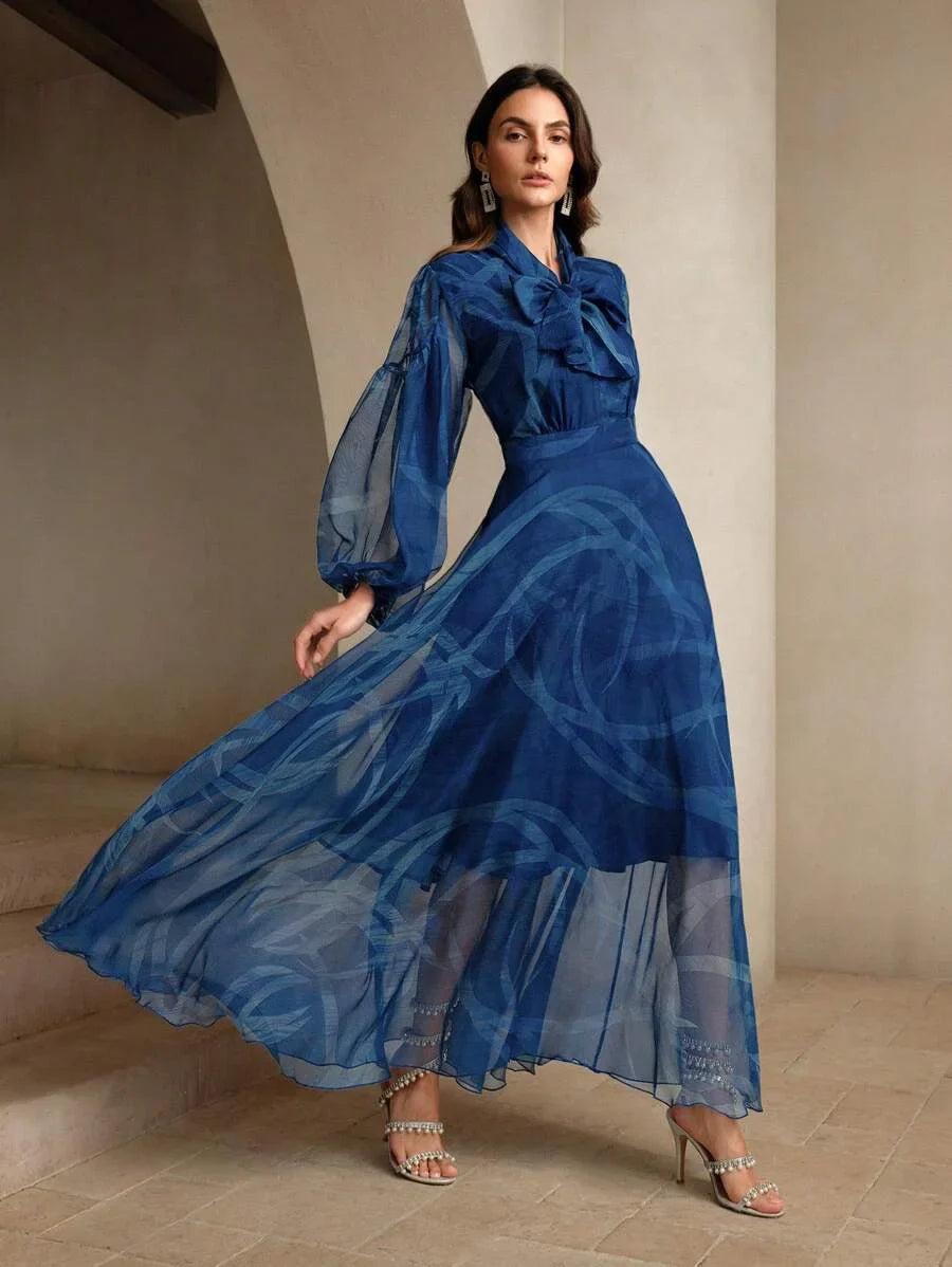 Ladies Delicate Klein Blue Ribbon Printed Dress Maxi Women Outfit