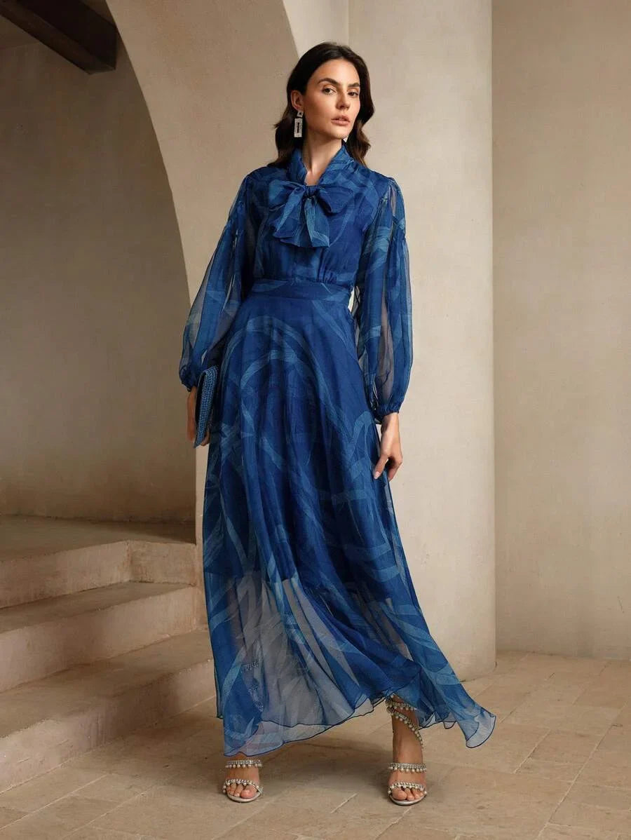 Ladies Delicate Klein Blue Ribbon Printed Dress Maxi Women Outfit