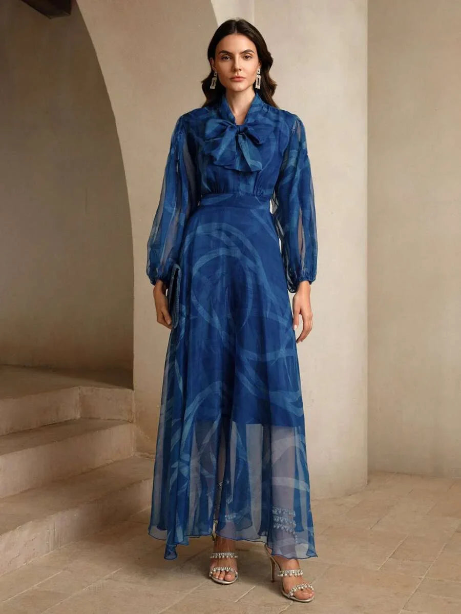 Ladies Delicate Klein Blue Ribbon Printed Dress Maxi Women Outfit