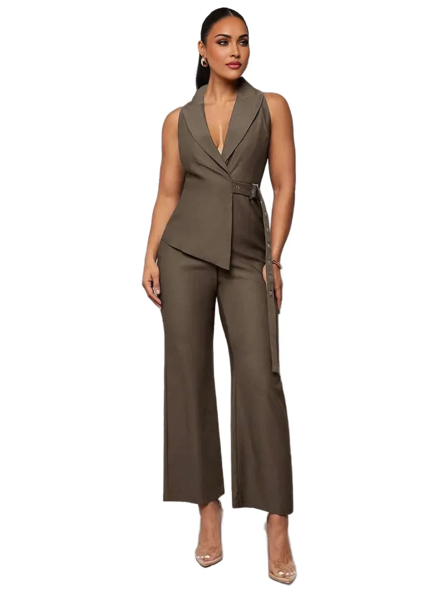 Ladies Grey Asymmetric Lapel Tied Waist Jumpsuit amp Pant Set Elegant OfficeCommute Wear