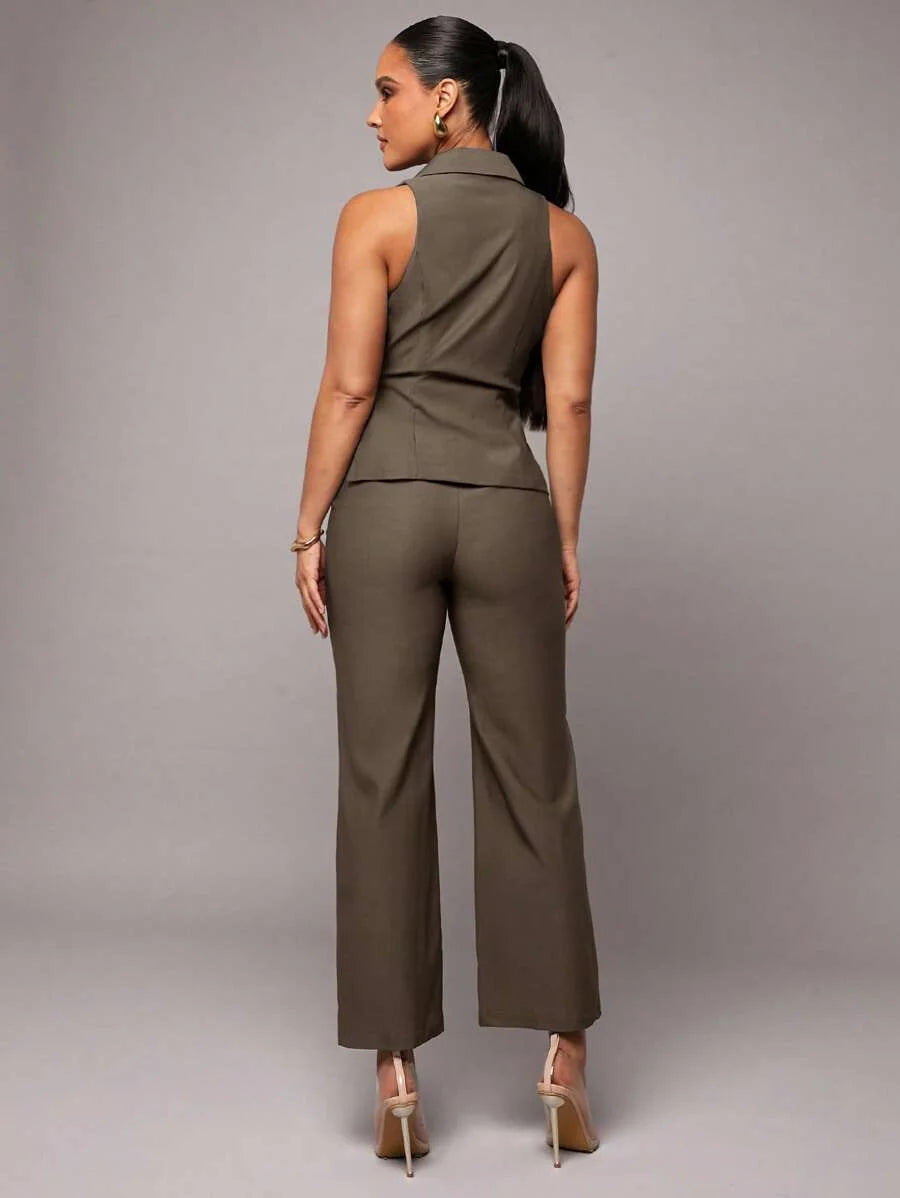 Ladies Grey Asymmetric Lapel Tied Waist Jumpsuit amp Pant Set Elegant OfficeCommute Wear