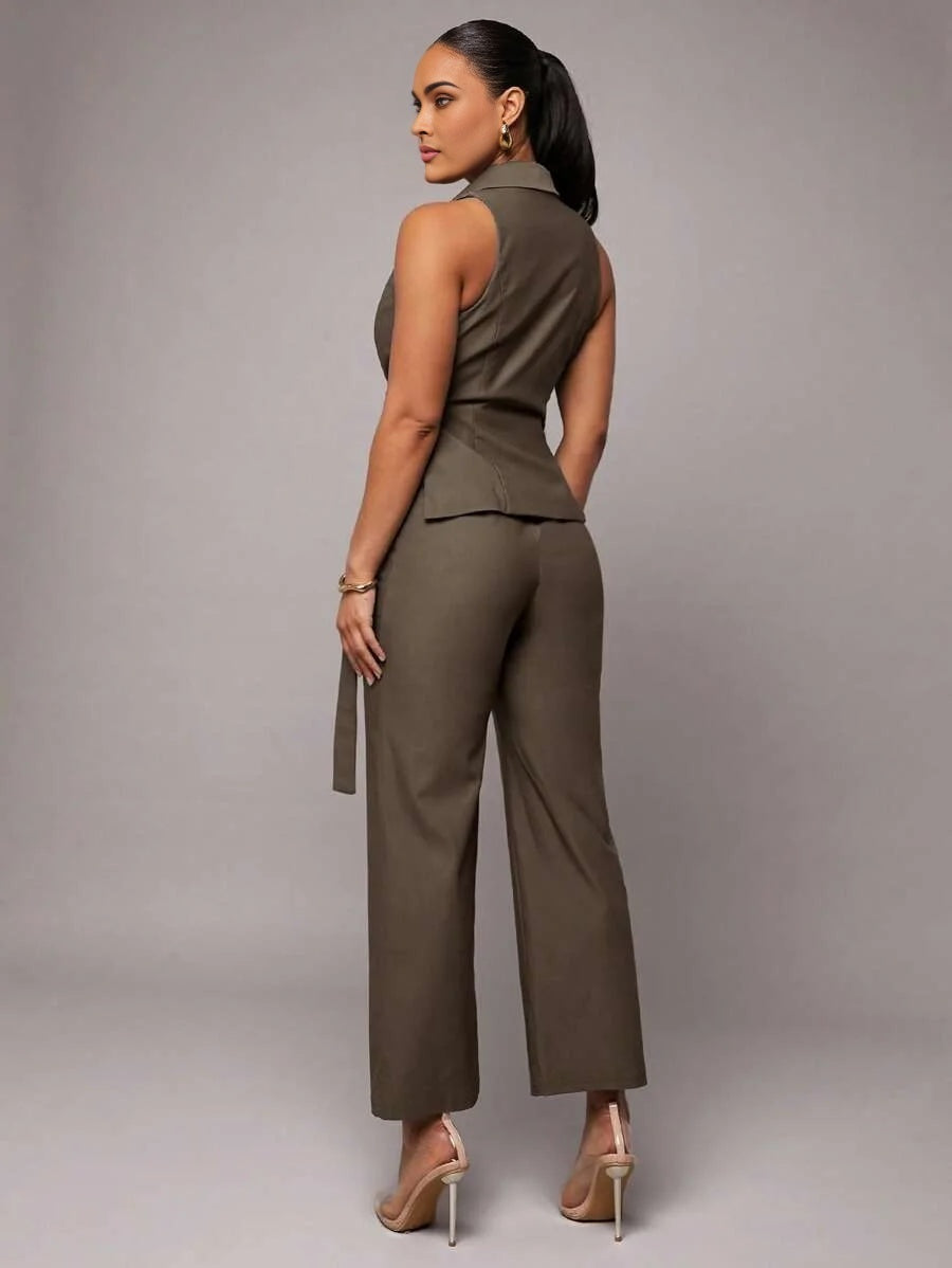 Ladies Grey Asymmetric Lapel Tied Waist Jumpsuit amp Pant Set Elegant OfficeCommute Wear