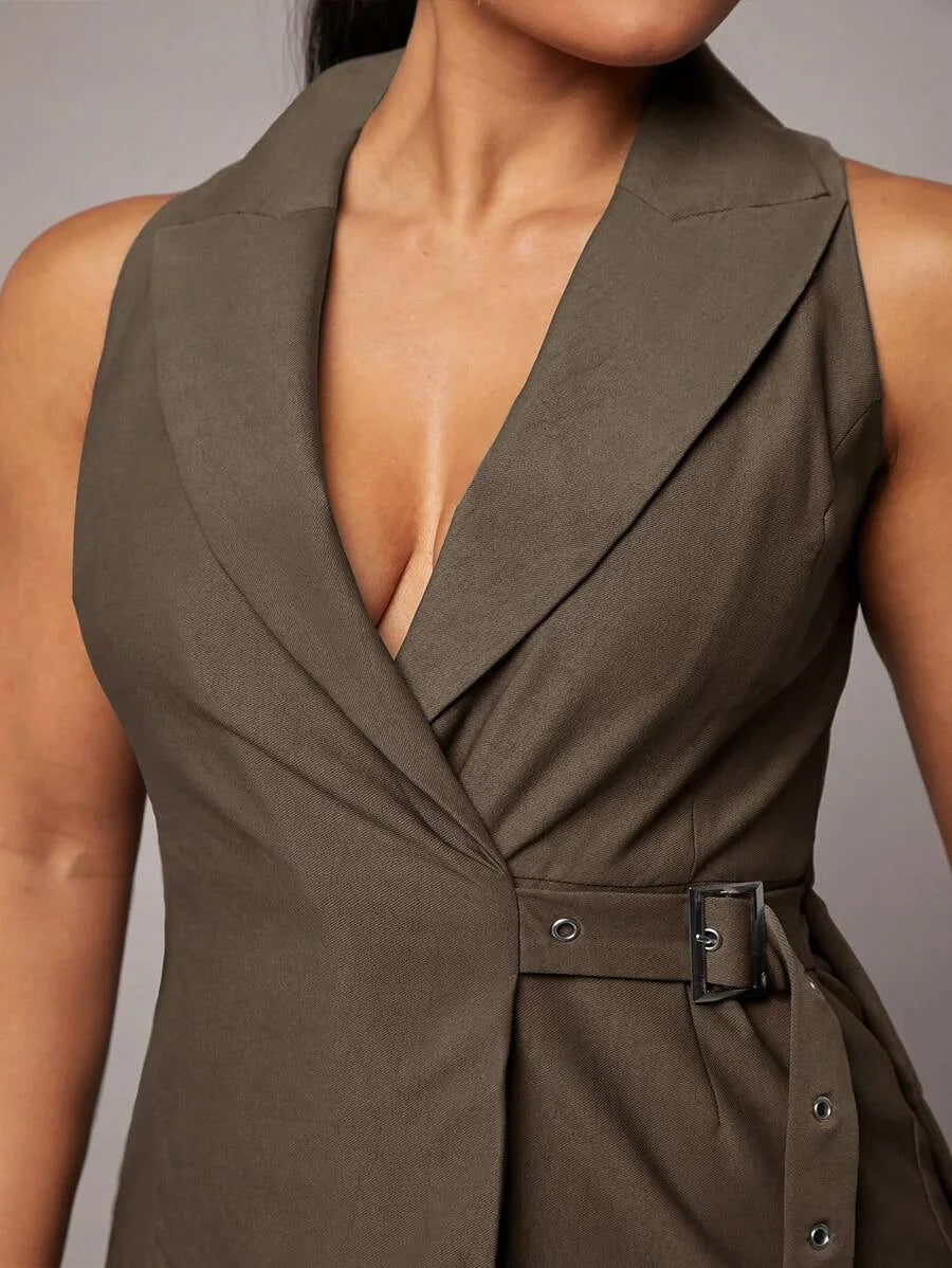 Ladies Grey Asymmetric Lapel Tied Waist Jumpsuit amp Pant Set Elegant OfficeCommute Wear