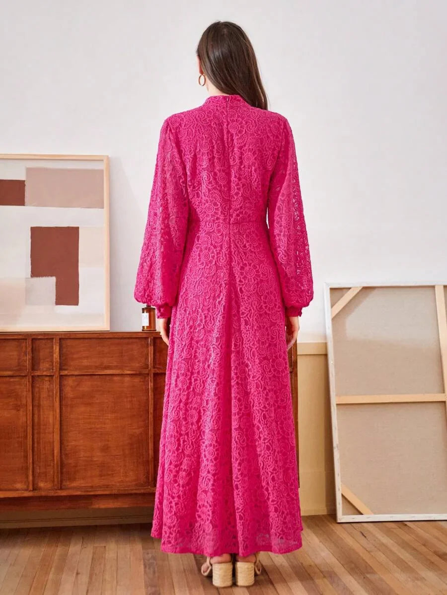 Ladies Long Sleeve Lace Rose Pink Dress Maxi Women Outfit