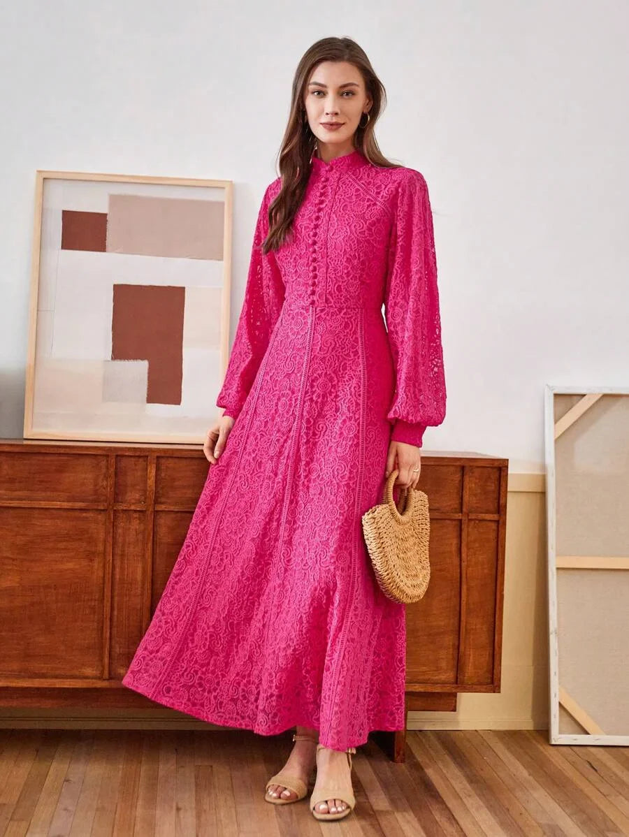 Ladies Long Sleeve Lace Rose Pink Dress Maxi Women Outfit