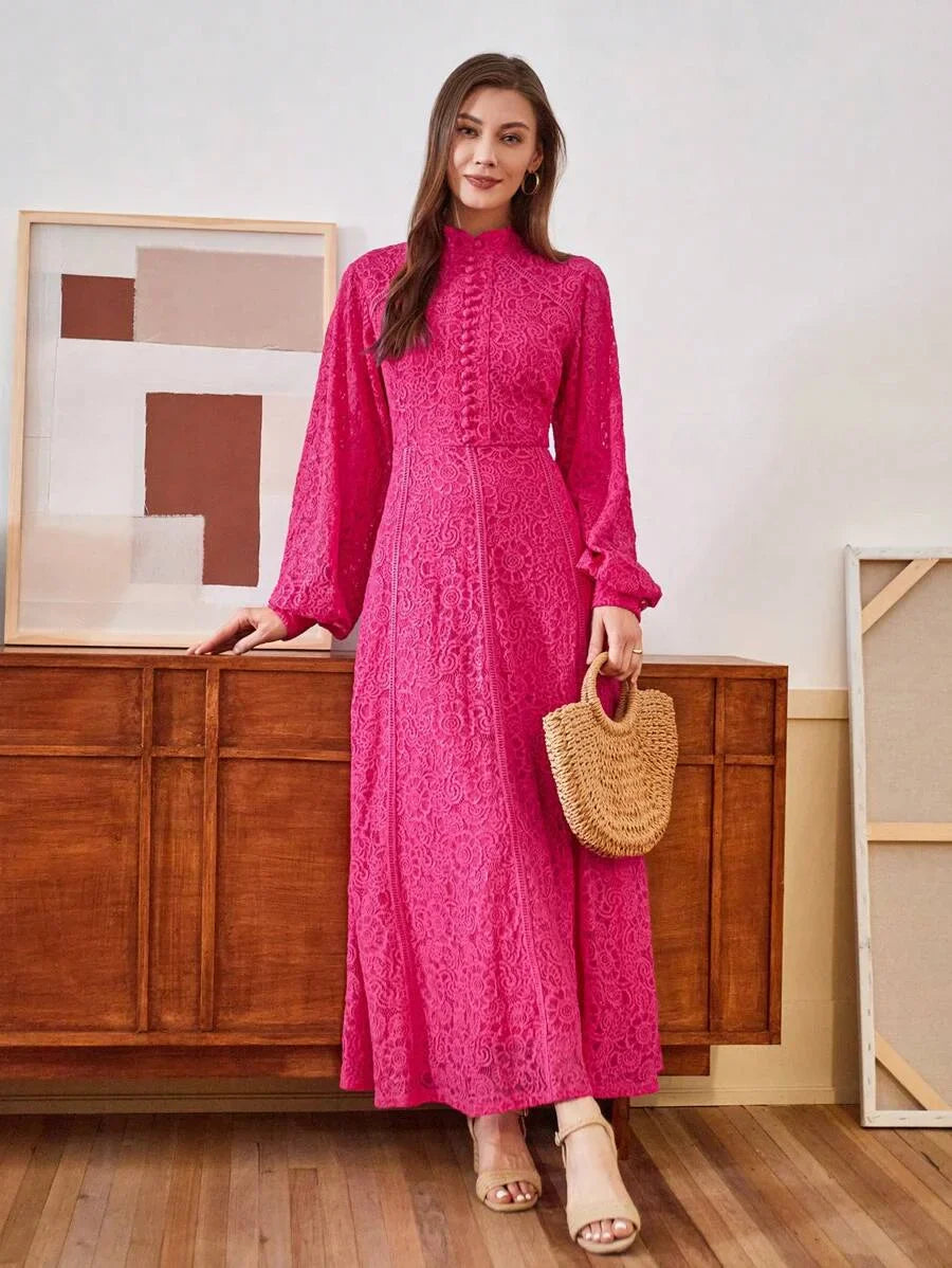 Ladies Long Sleeve Lace Rose Pink Dress Maxi Women Outfit