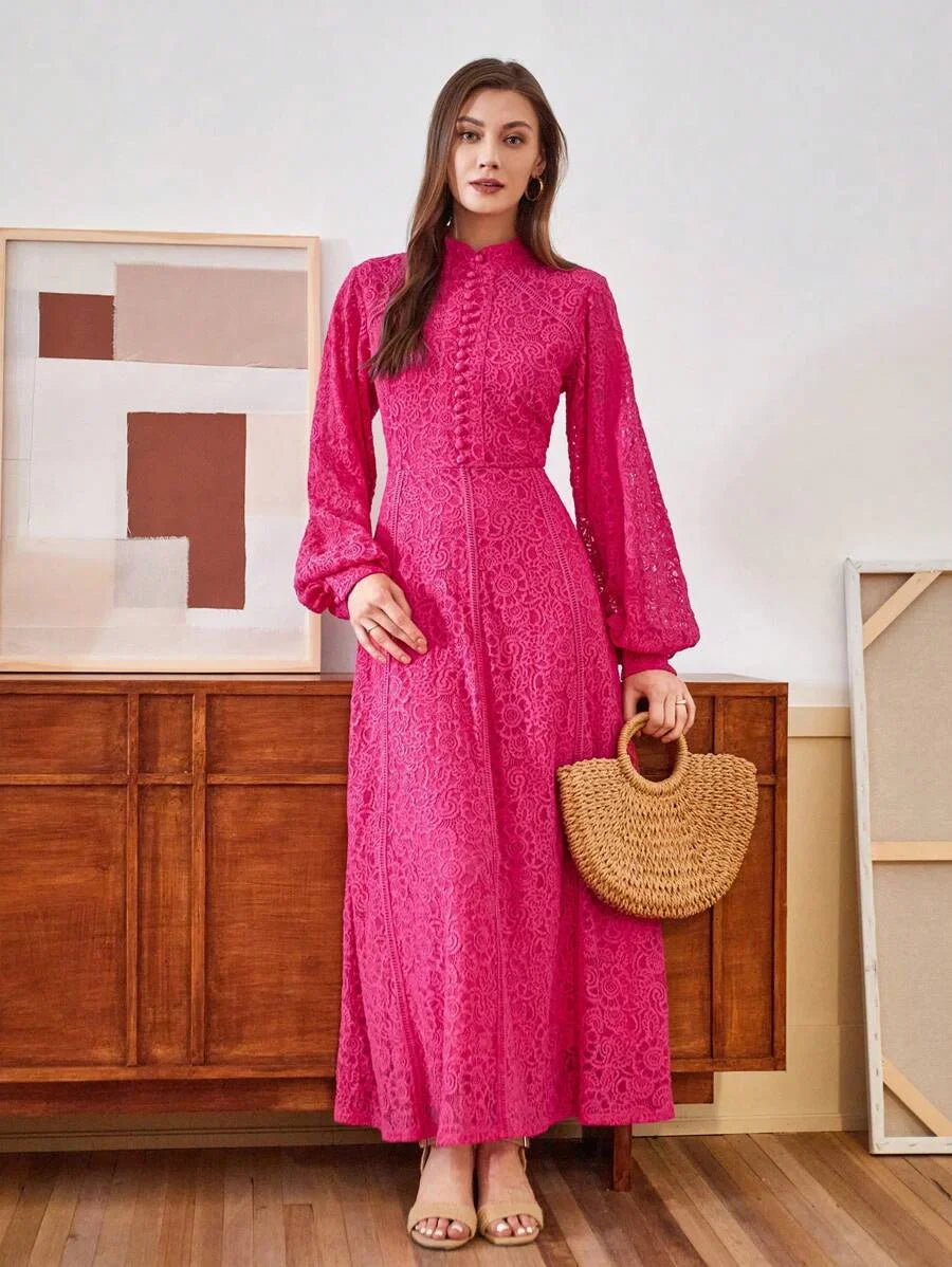 Ladies Long Sleeve Lace Rose Pink Dress Maxi Women Outfit