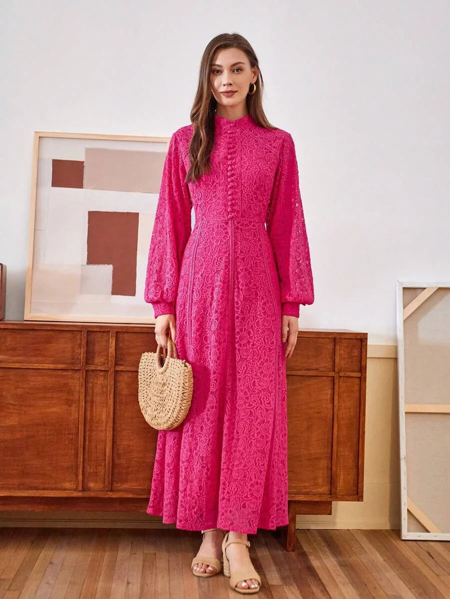 Ladies Long Sleeve Lace Rose Pink Dress Maxi Women Outfit