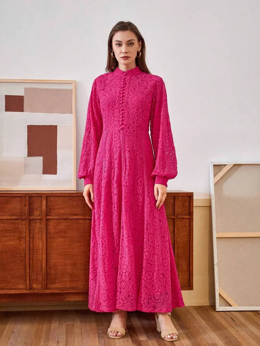 Ladies Long Sleeve Lace Rose Pink Dress Maxi Women Outfit