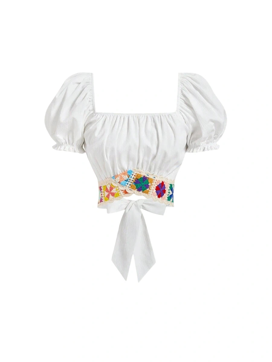 Ladies Retro Floral Crochet Lace Bow Tie Back Short BlouseShort Sleeve Tops