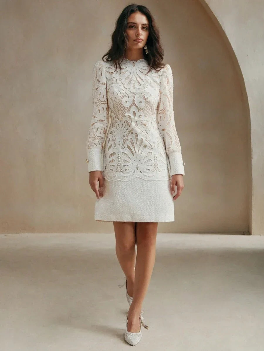 Ladies Spring amp Autumn Elegant Solid Color Lace Contrast Mini DressLadies Elegant Zipper Long