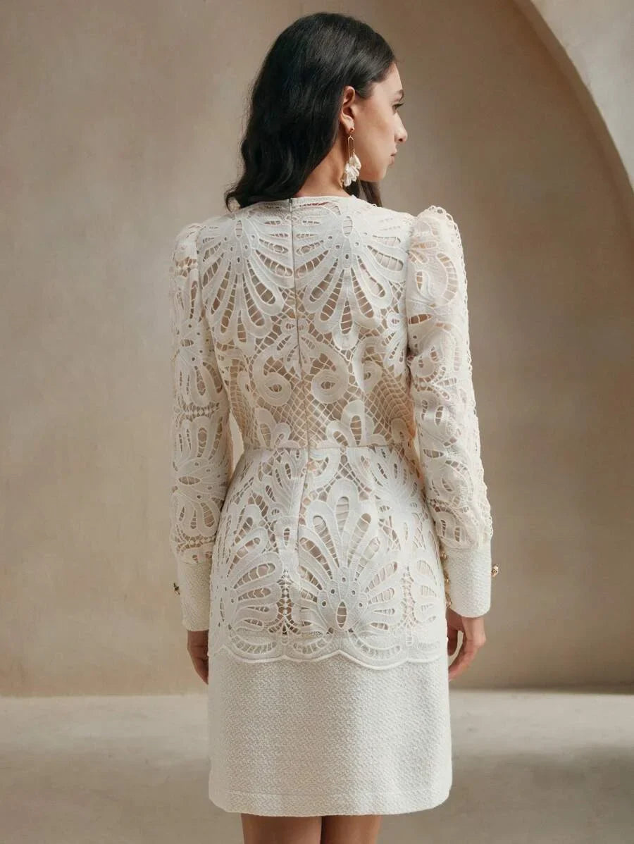 Ladies Spring amp Autumn Elegant Solid Color Lace Contrast Mini DressLadies Elegant Zipper Long