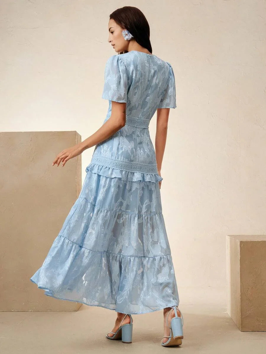 Ladies SpringSummer Music Festival Bohemian Short Sleeved Lace Splicing Blue Elegant Dress