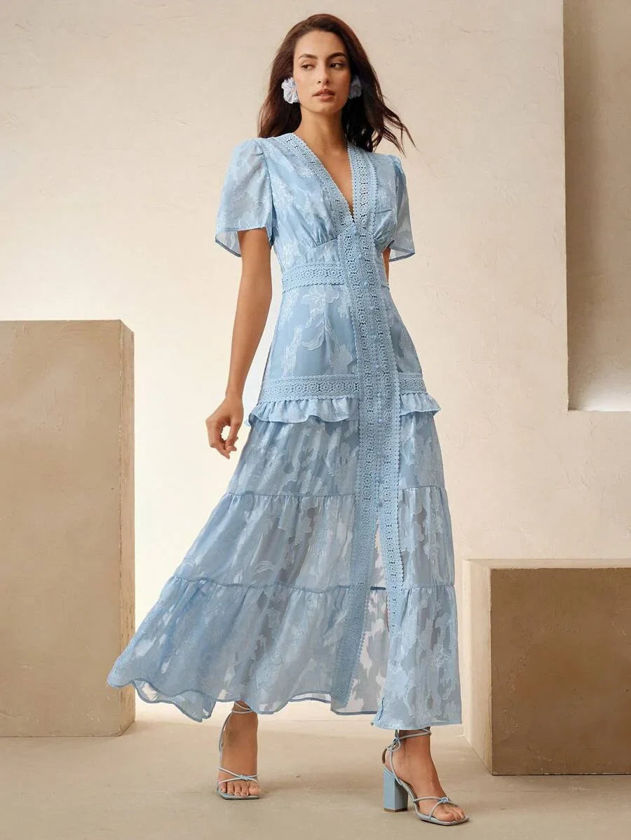 Ladies SpringSummer Music Festival Bohemian Short Sleeved Lace Splicing Blue Elegant Dress