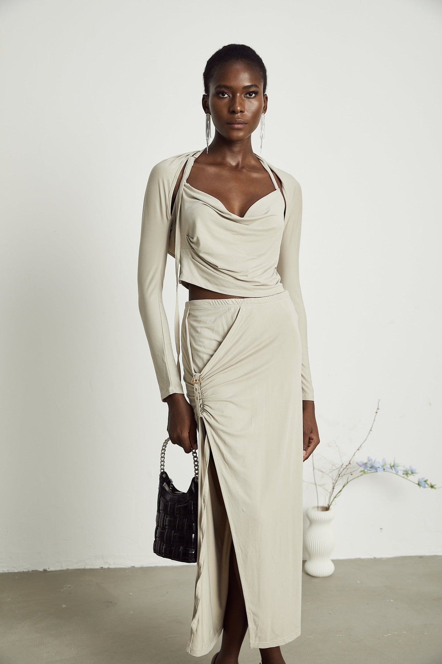 Lanetta khaki jersey top skirt matching set
