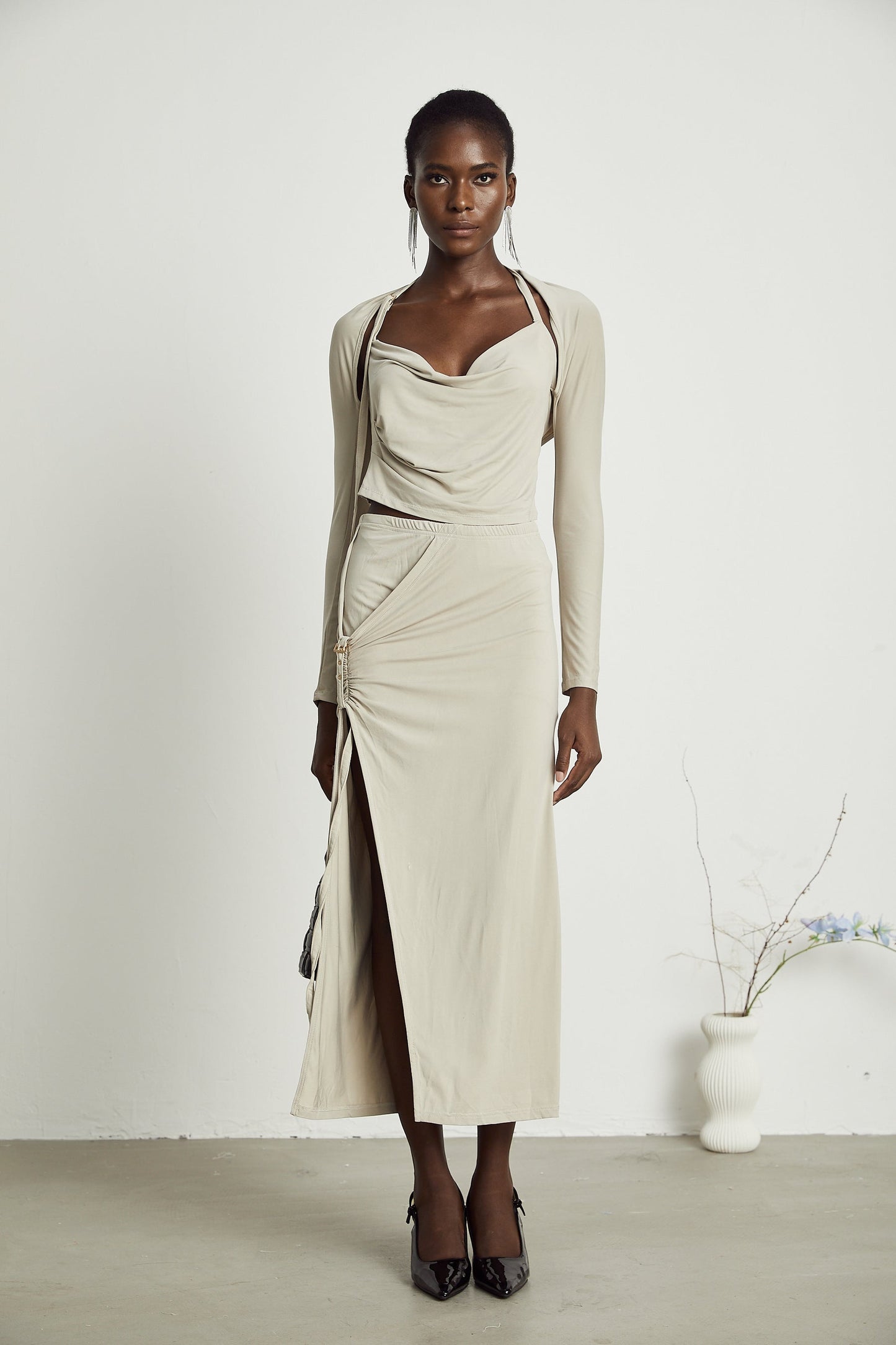 Lanetta khaki jersey top skirt matching set