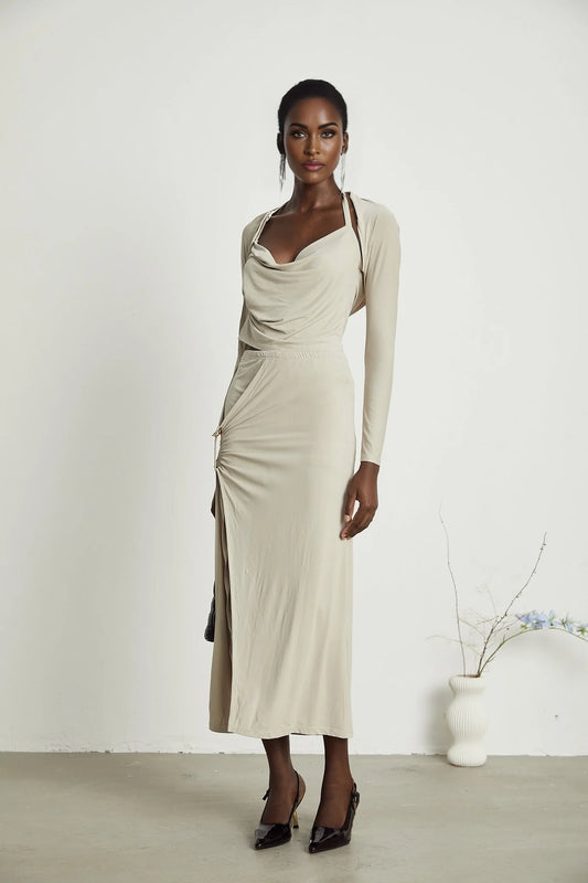 Lanetta khaki jersey top  skirt matching set