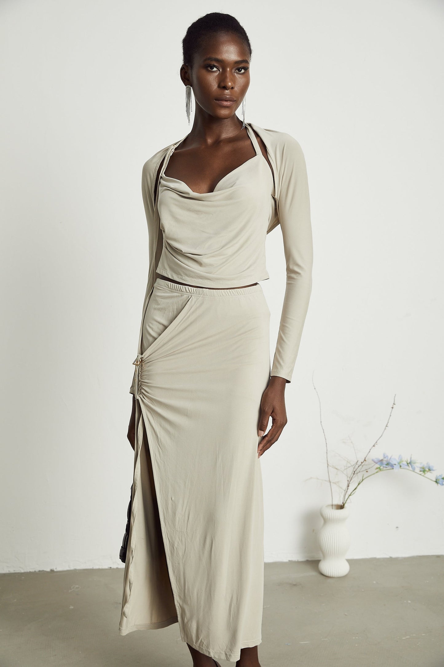 Lanetta khaki jersey top skirt matching set