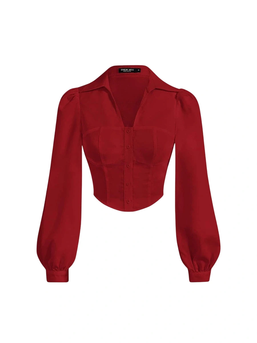Lantern Sleeve Button Front Slim Fit Red ShirtLong Sleeve Tops