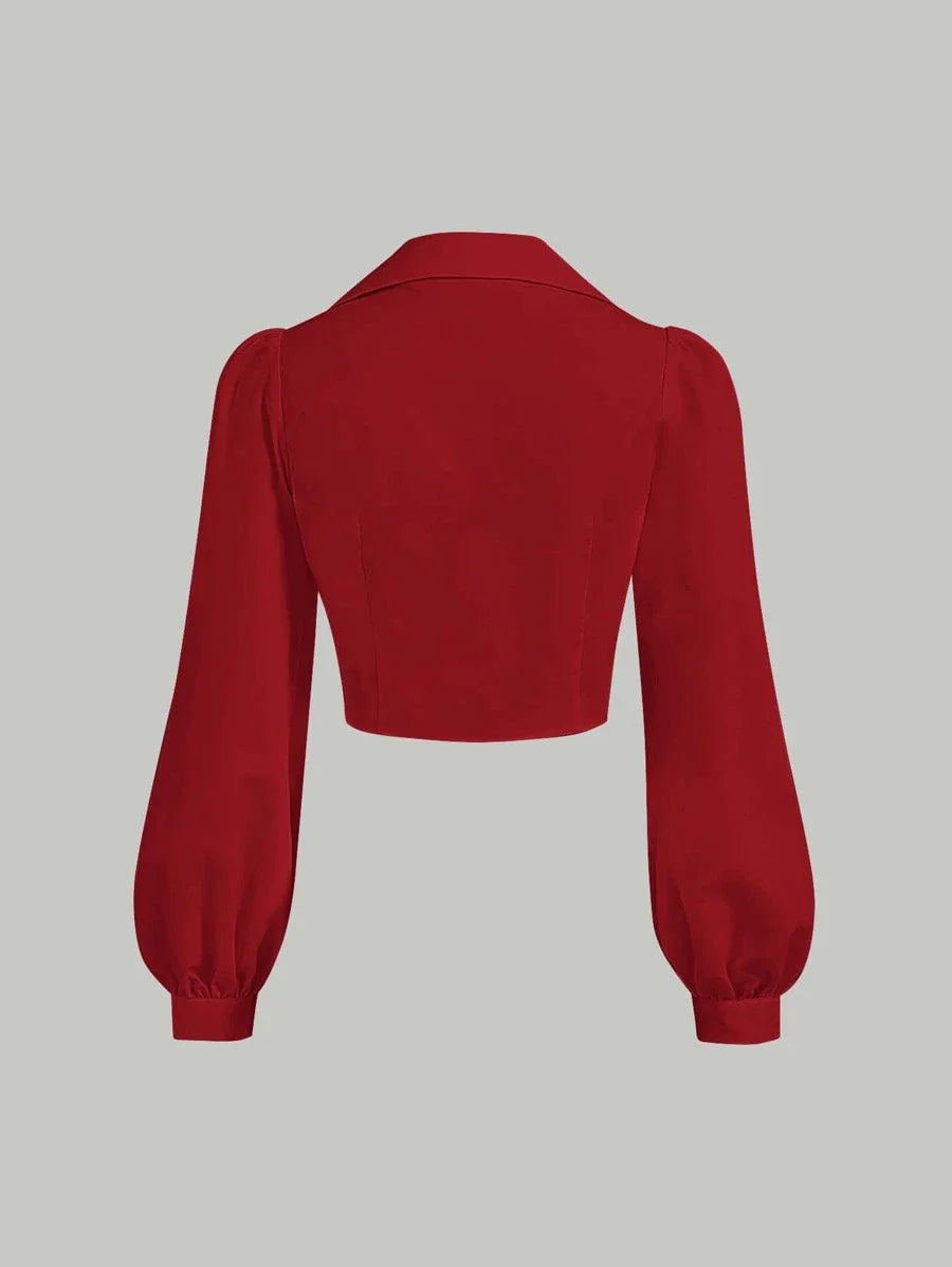Lantern Sleeve Button Front Slim Fit Red ShirtLong Sleeve Tops