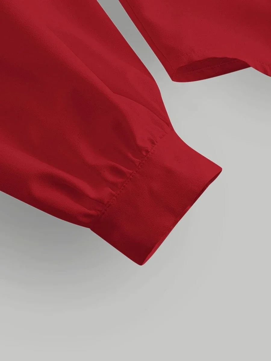 Lantern Sleeve Button Front Slim Fit Red ShirtLong Sleeve Tops