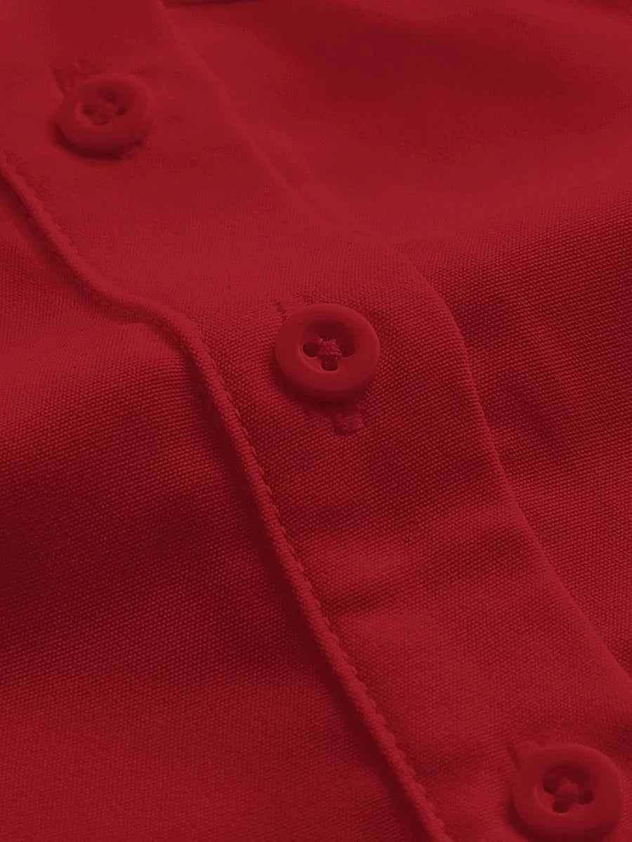Lantern Sleeve Button Front Slim Fit Red ShirtLong Sleeve Tops