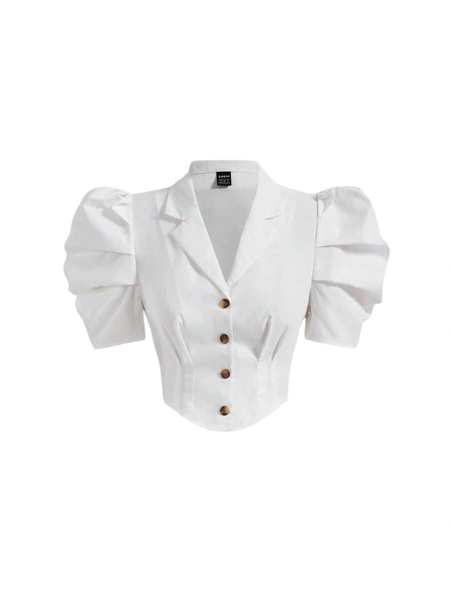 Lapel Collar Puff Sleeve Button Front Crop BlouseShort Sleeve Tops