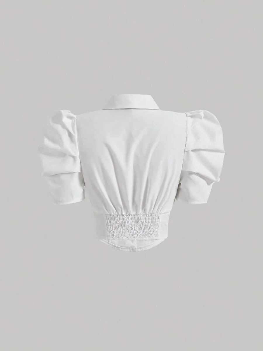 Lapel Collar Puff Sleeve Button Front Crop BlouseShort Sleeve Tops