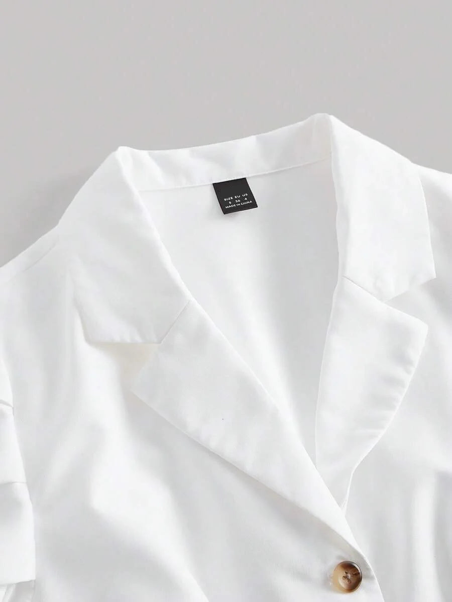 Lapel Collar Puff Sleeve Button Front Crop BlouseShort Sleeve Tops