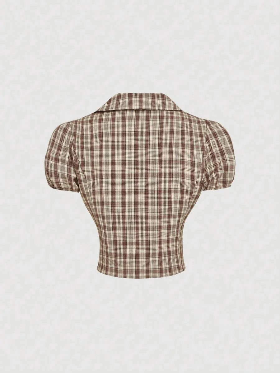 Lapel Front Ruffle Retro Plaid Shirt Going Out Shirt Bohemian Shirt Womens Holiday WearBeach