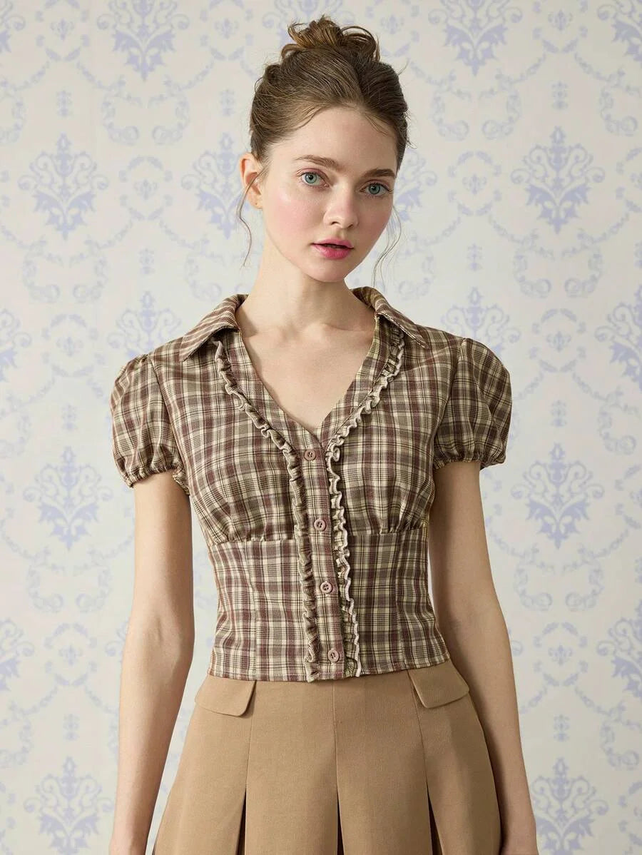Lapel Front Ruffle Retro Plaid Shirt Going Out Shirt Bohemian Shirt Womens Holiday WearBeach