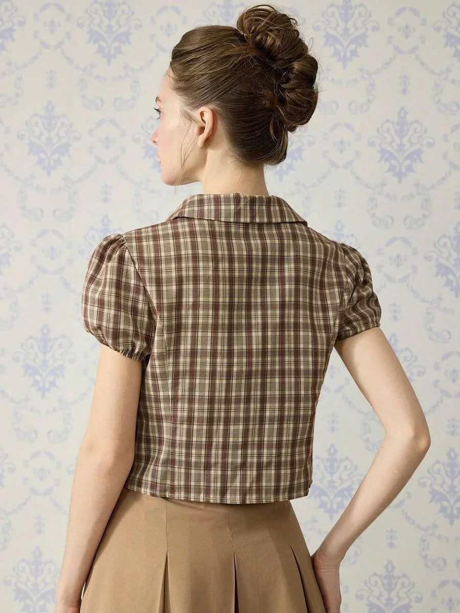 Lapel Front Ruffle Retro Plaid Shirt Going Out Shirt Bohemian Shirt Womens Holiday WearBeach