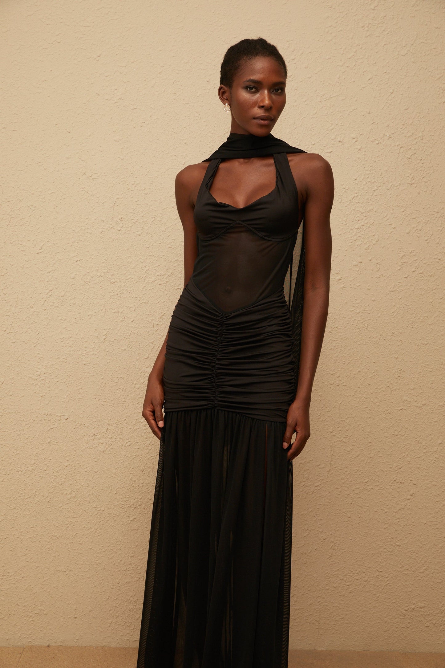 Léana Black Mesh Panel Ruched Maxi Dress