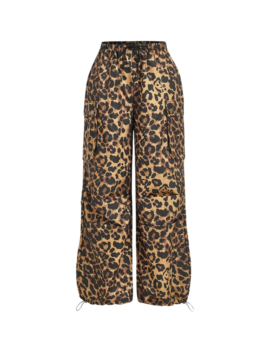 Leopard Print Utilitarian Straight Leg Casual Pants For Women