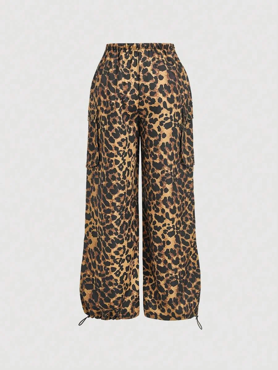 Leopard Print Utilitarian Straight Leg Casual Pants For Women