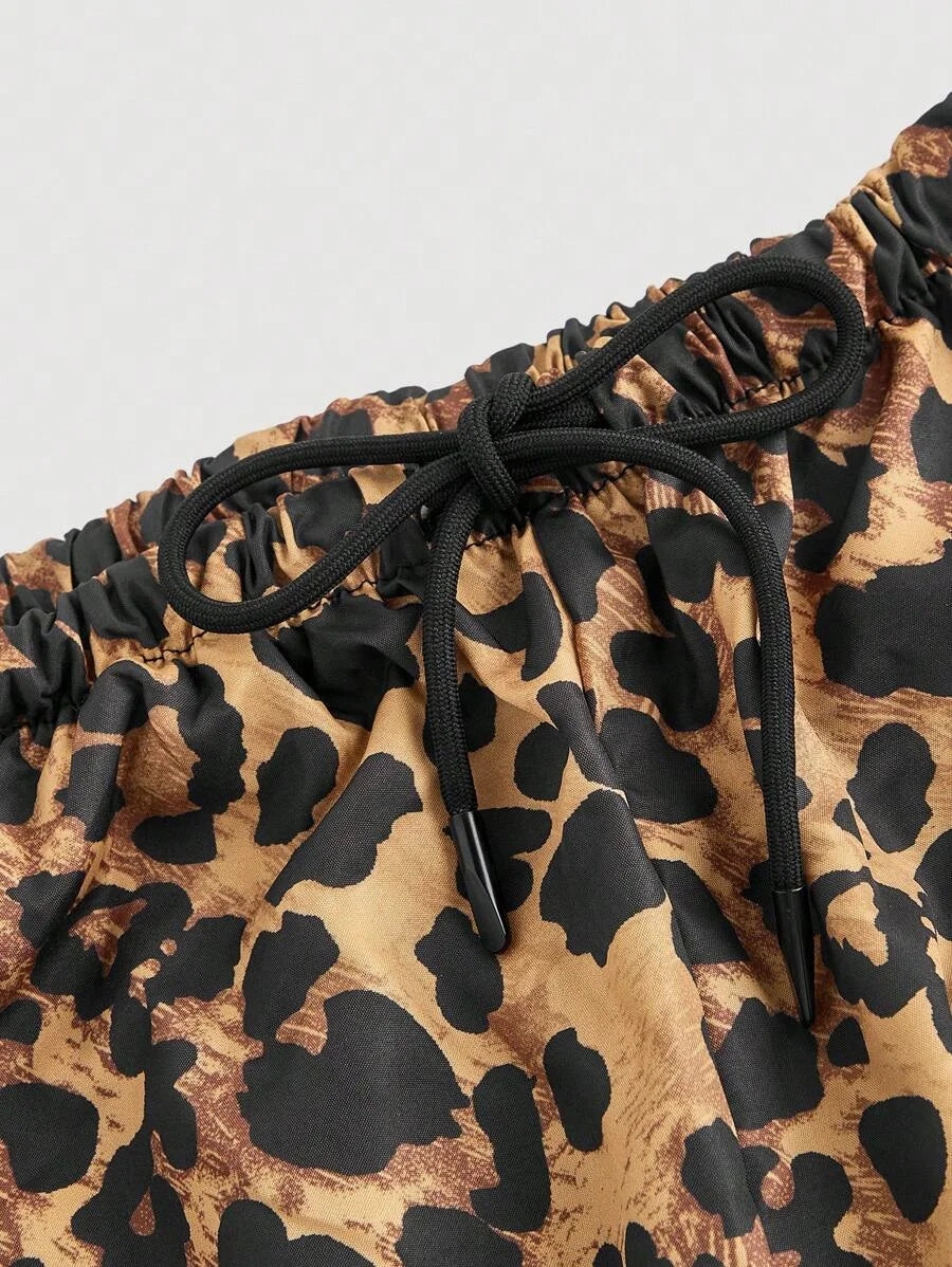 Leopard Print Utilitarian Straight Leg Casual Pants For Women