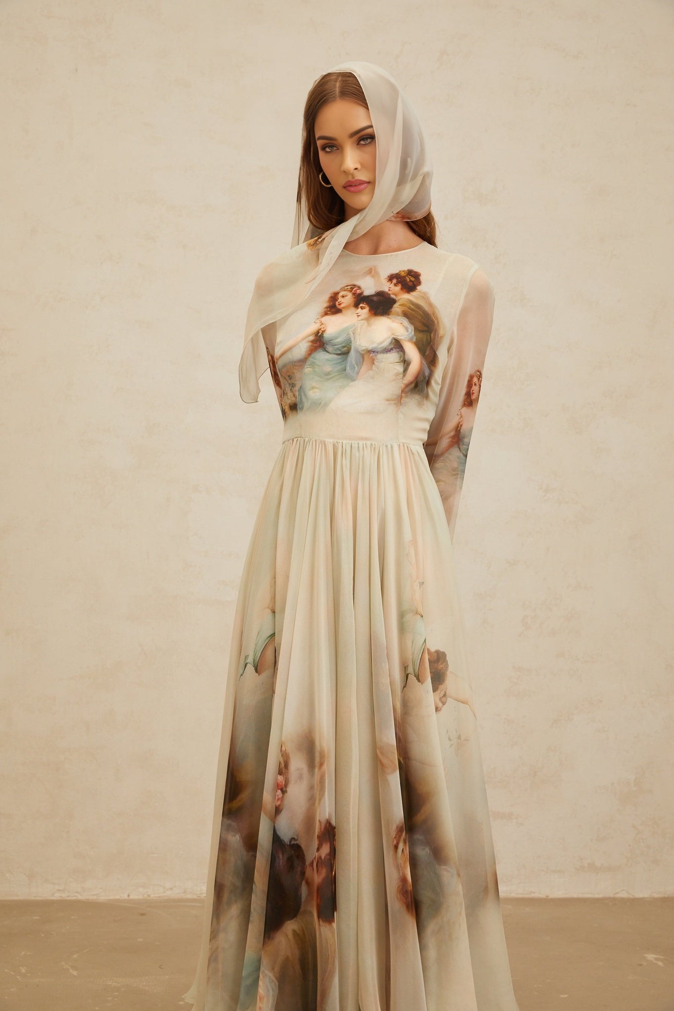 Light Green Silk Graphic Print Maxi Dress with Shirred Effect and Scarf Design