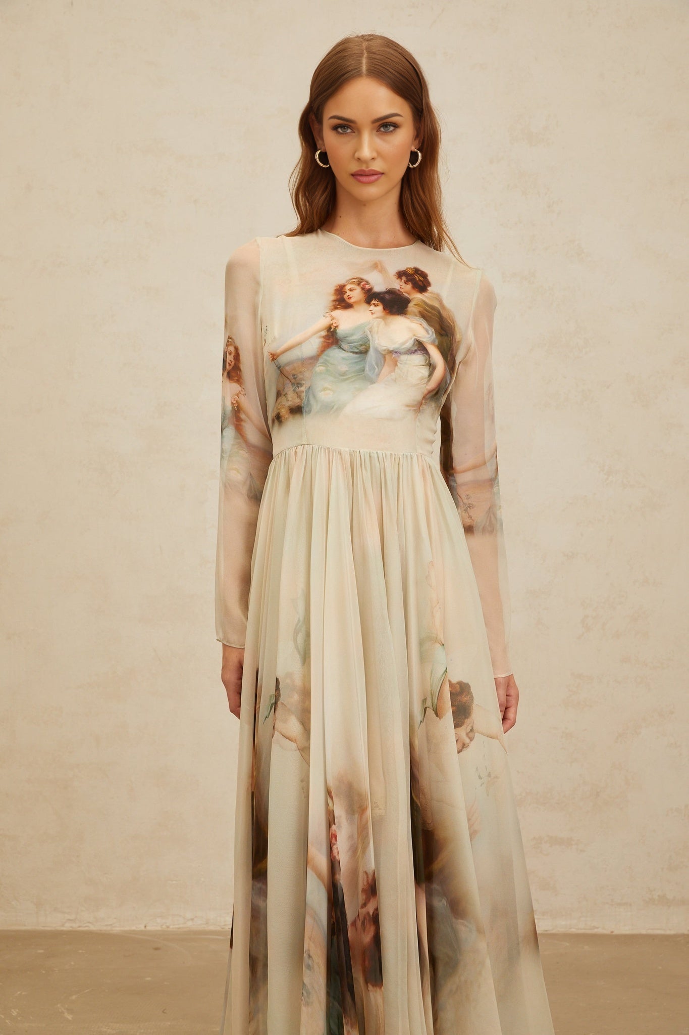 Light Green Silk Scarf Design Maxi Dress with Graphic Print