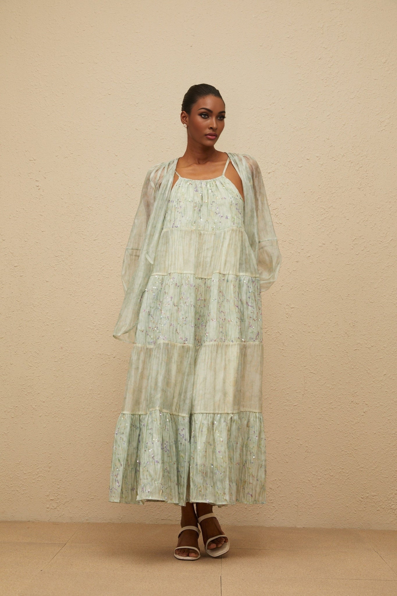 Light Green Tie-Dye Cardigan and Dress Set