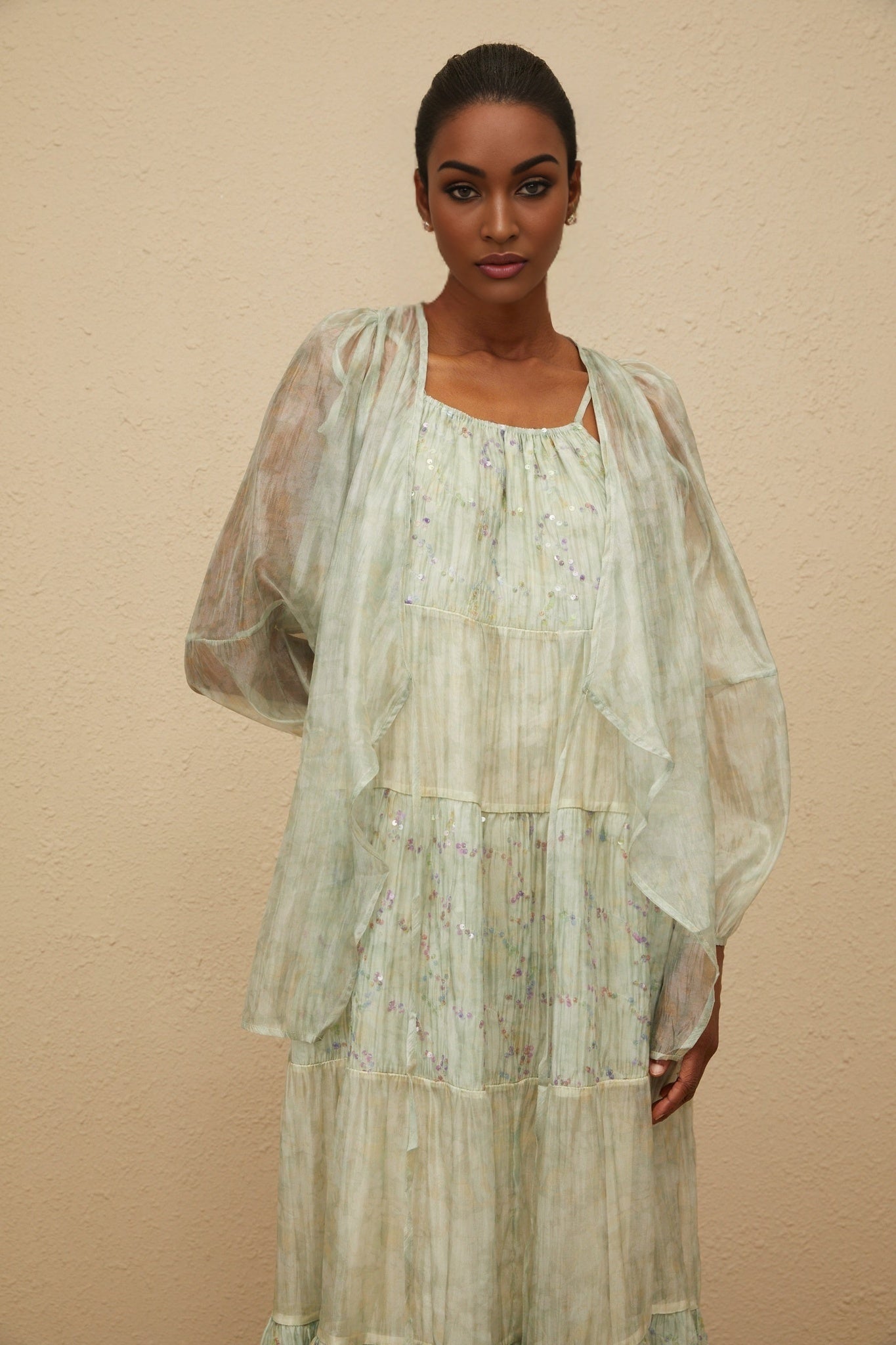 Light Green Tie-Dye Cardigan with V-Neck and Long Puff Sleeves