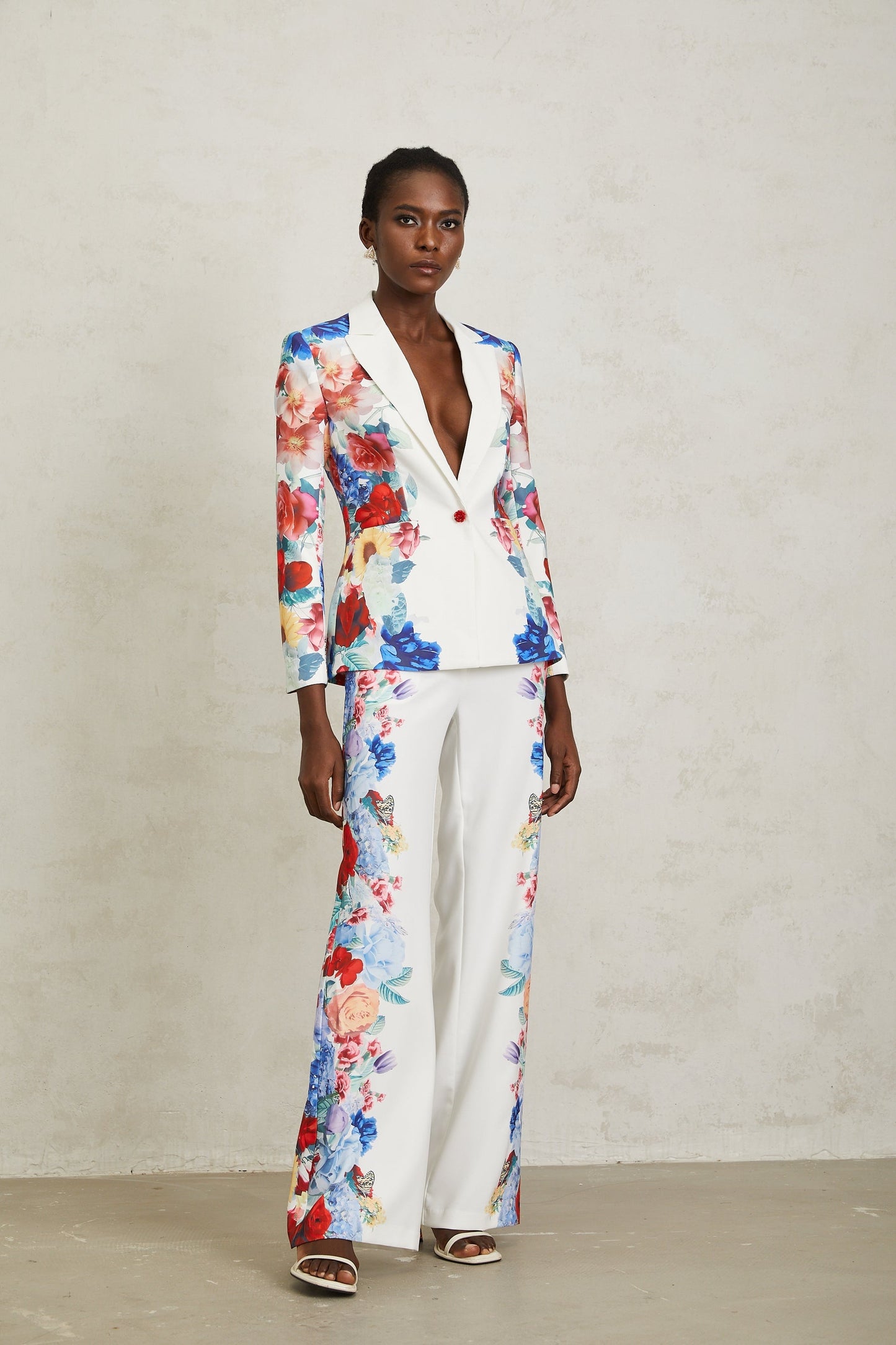 Lison White Floral Print Blazer Trousers Set