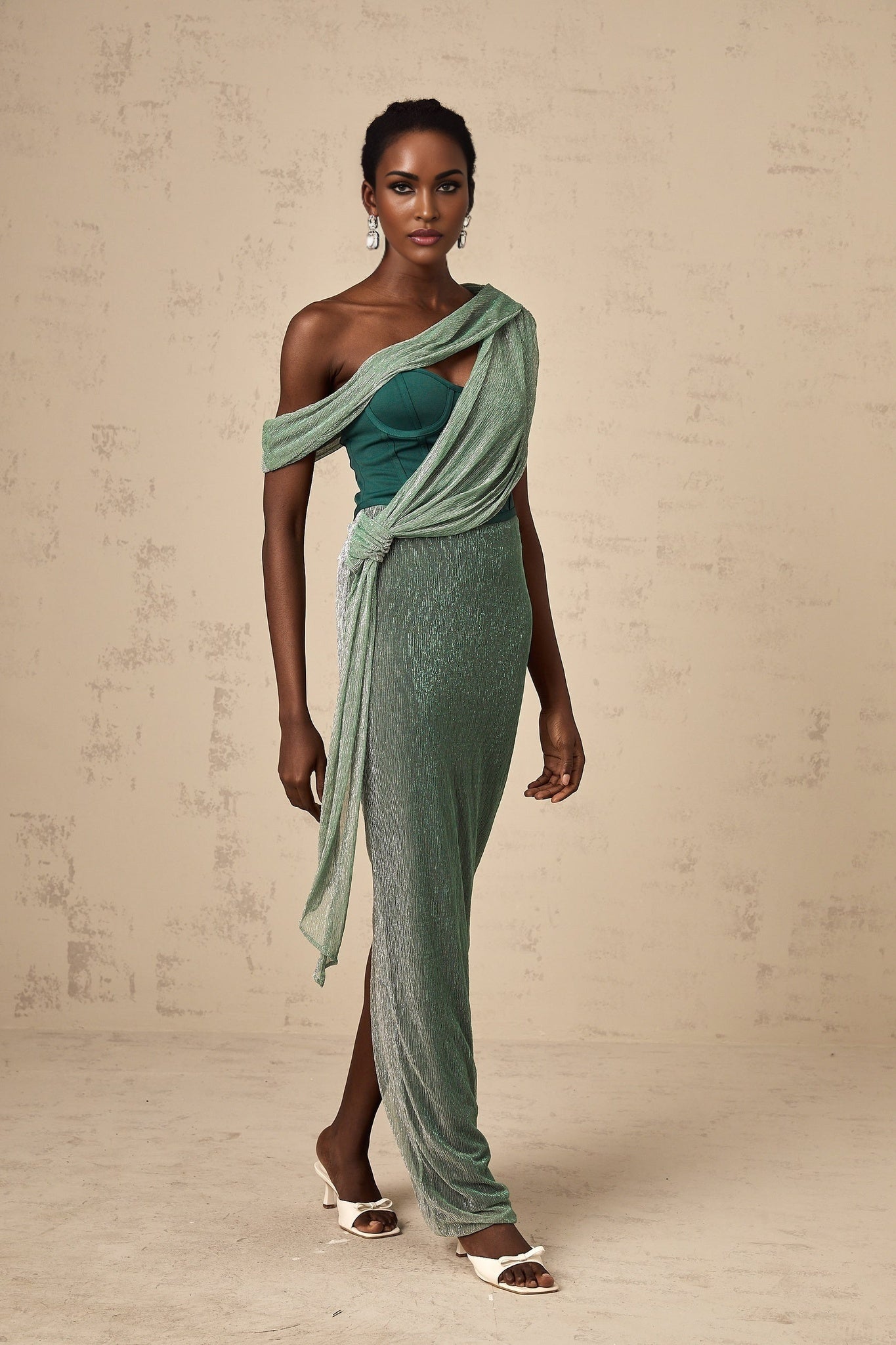Long green maxi dress with corset bodice featuring ribbon design and Delphine style