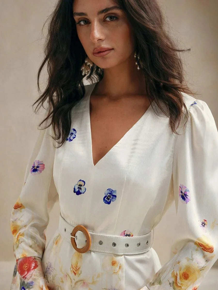 Long Sleeve Romantic Bell Sleeve Floral Print Midi Dress