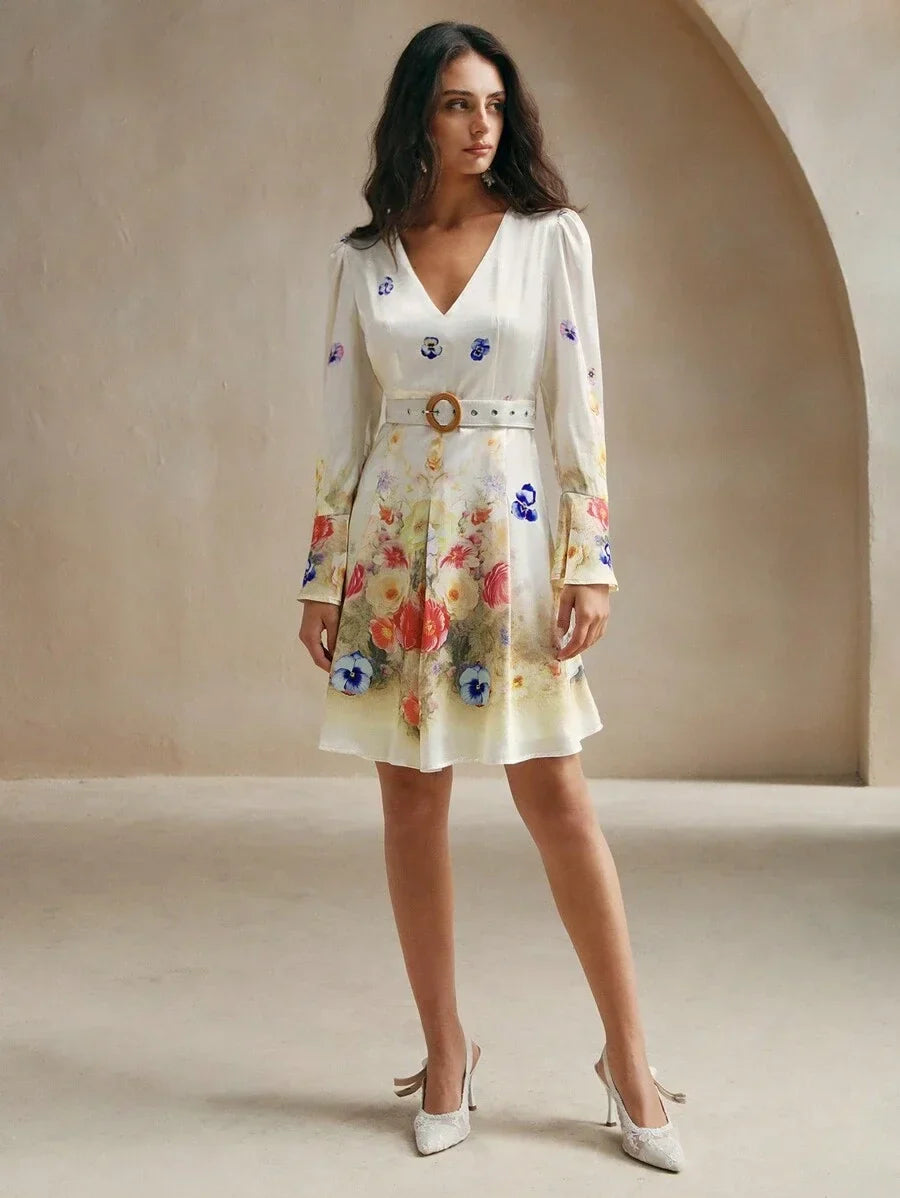 Long Sleeve Romantic Bell Sleeve Floral Print Midi Dress