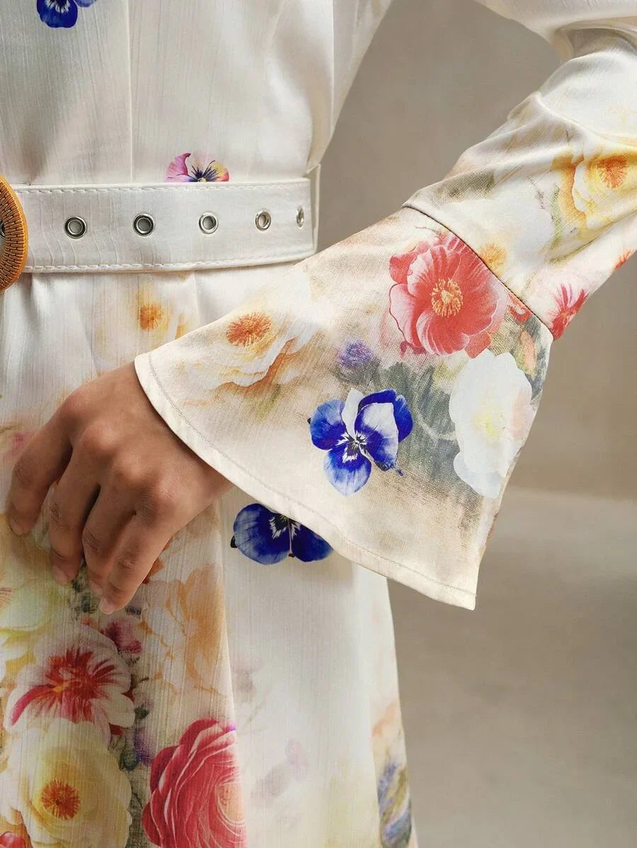 Long Sleeve Romantic Bell Sleeve Floral Print Midi Dress