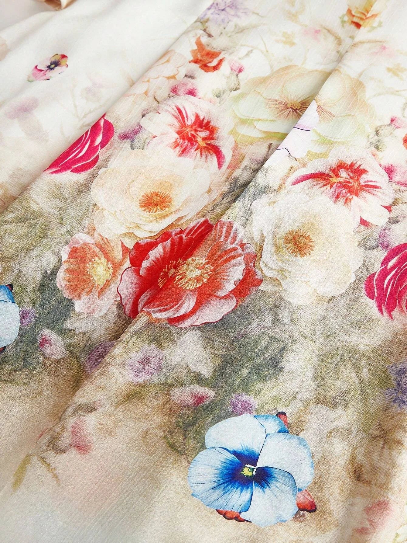 Long Sleeve Romantic Bell Sleeve Floral Print Midi Dress