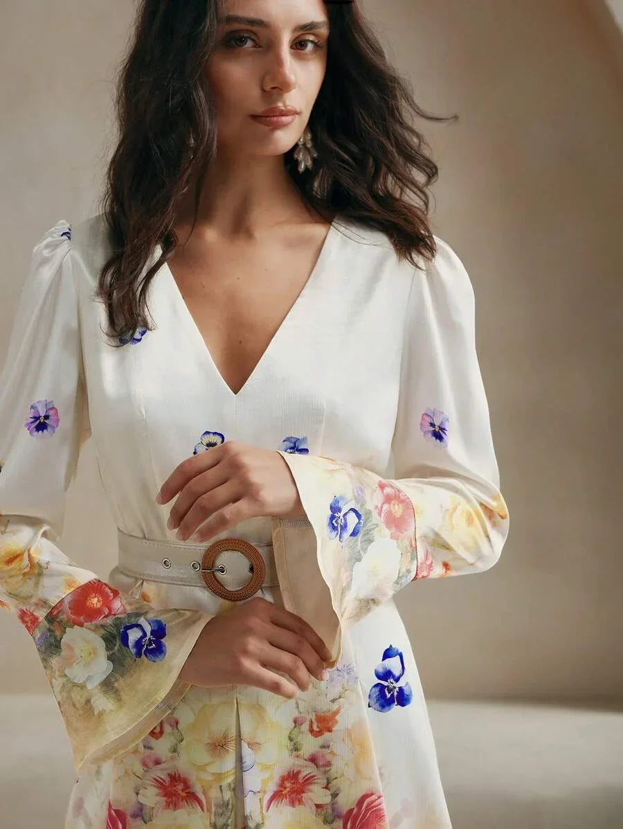 Long Sleeve Romantic Bell Sleeve Floral Print Midi Dress