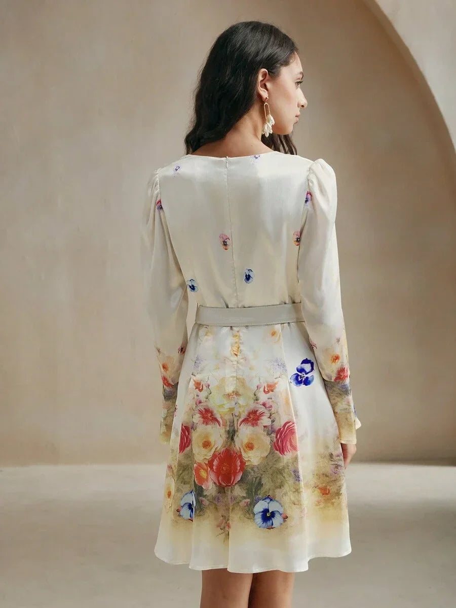 Long Sleeve Romantic Bell Sleeve Floral Print Midi Dress