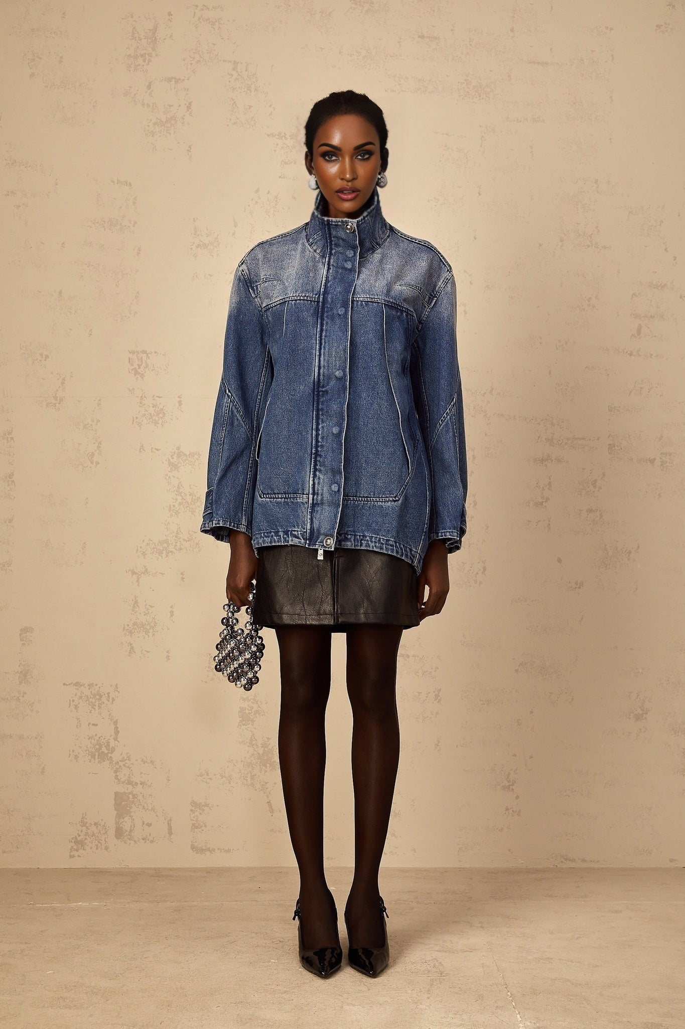 Loose fitting denim jacket in blue patchwork design named Geraldine