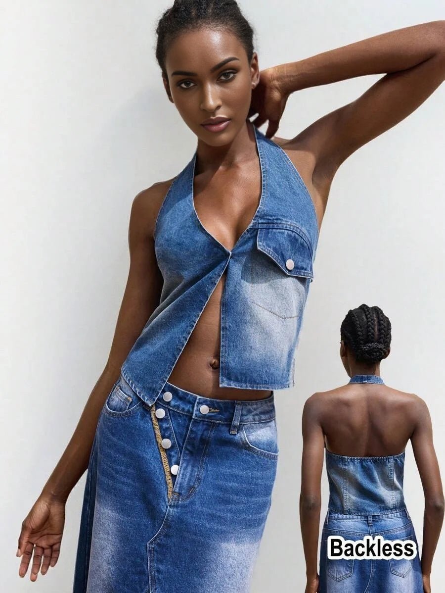 Lucy Denim Top with Button - Front Style in Blue - Blue